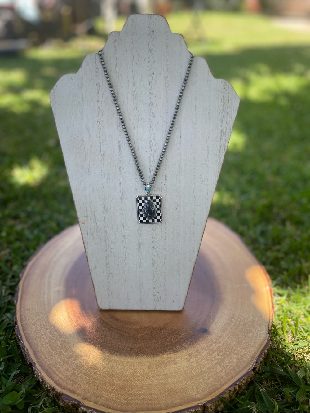 Silver Checkerboard Pendant Necklace with Black Stone